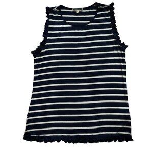PEIONE -Navy Blue with white stripes tank Top -  Sleeveless ruffle - Large